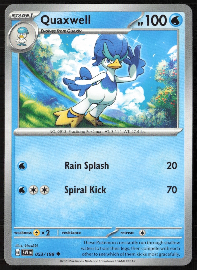 Front of 2023 Pokémon Scarlet & Violet Quaxwell card, #053/198, from collectible set.