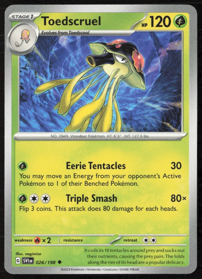 Toedscruel Pokémon card from Scarlet & Violet 2023, number 026/198, front view.