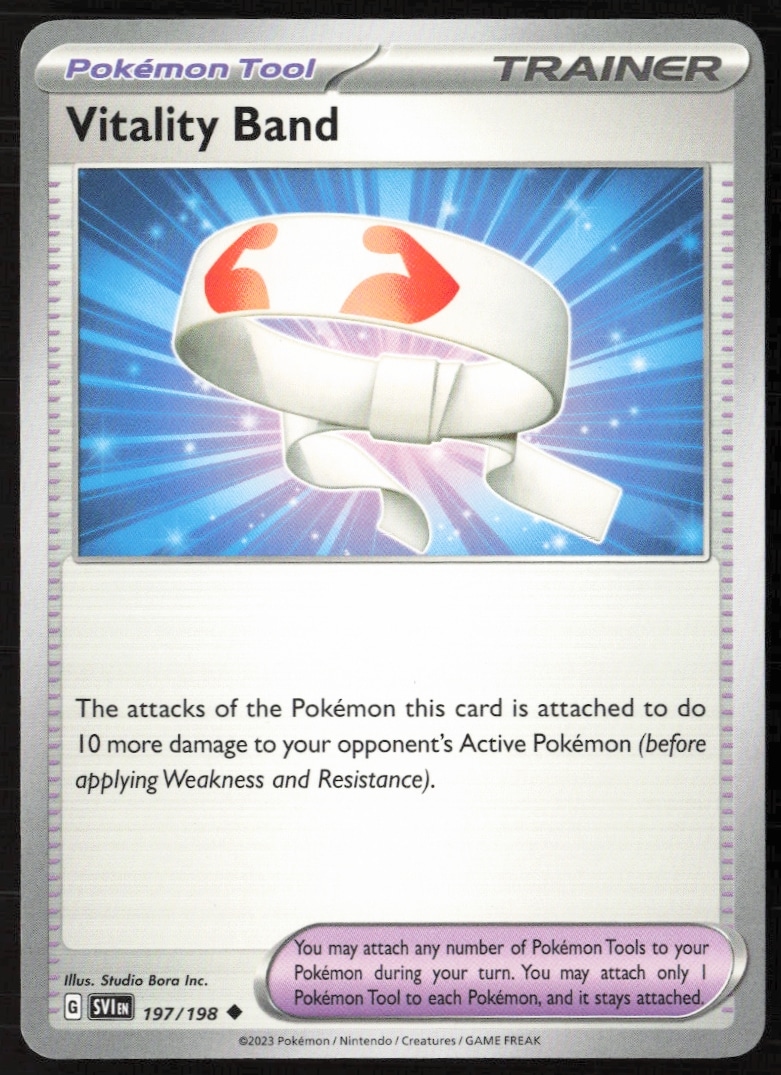 Pokémon Scarlet & Violet 2023 Vitality Band card front view, #197/198, collectible item.