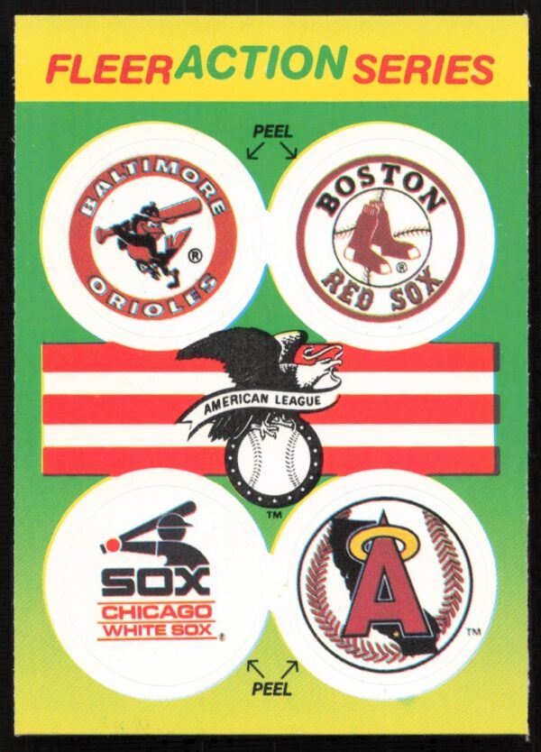 1990 Fleer AL Team Stickers: Orioles, Red Sox, White Sox, Angels Logos.