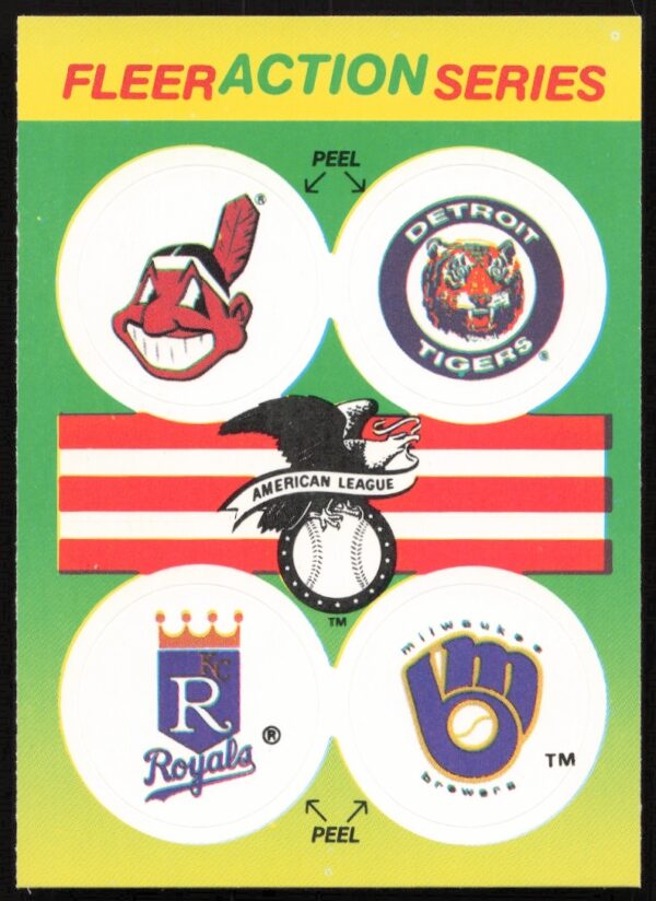 1990 Fleer AL stickers: Indians, Tigers, Royals, Brewers logos (front view).