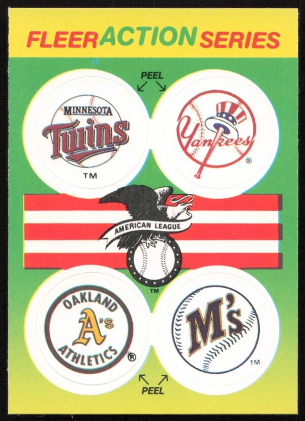 1990 Fleer AL Stickers: Twins, Yankees, Athletics, Mariners logos on card front.