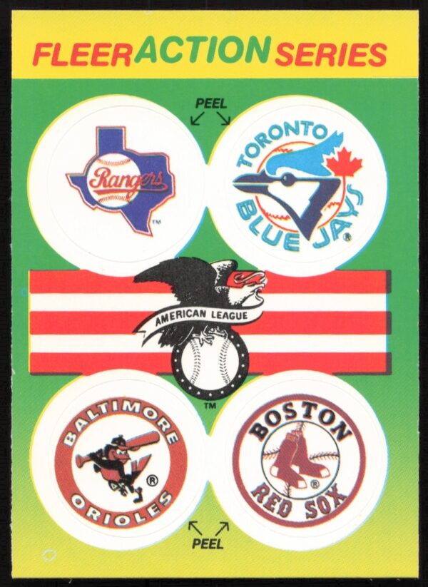 1990 Fleer AL team stickers: Rangers, Blue Jays, Orioles, Red Sox logos.