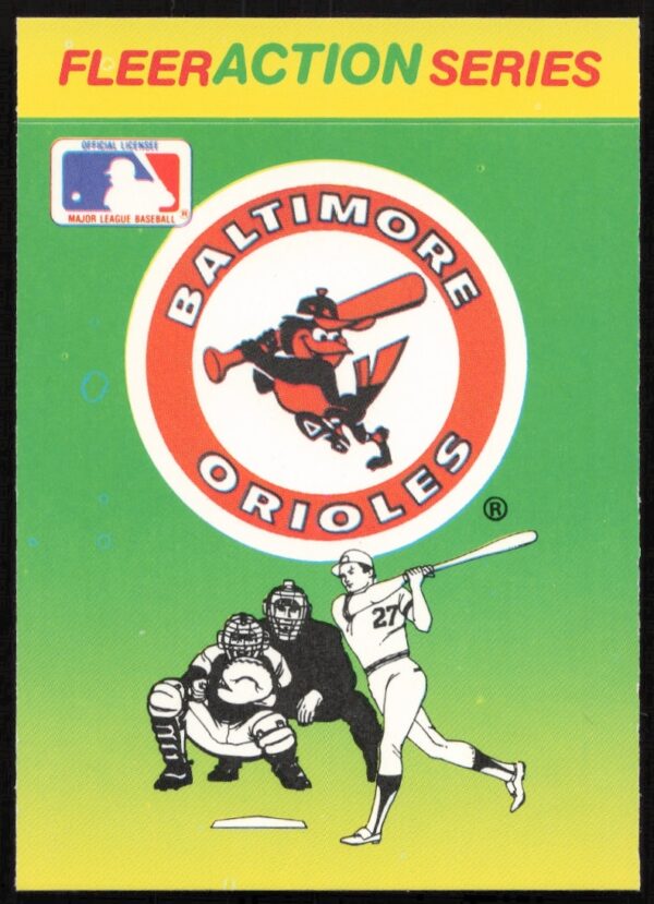 Front of 1990 Fleer Orioles team sticker displaying team logo and vibrant background.