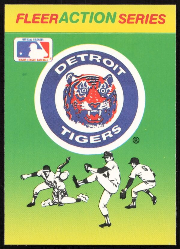 1990 Fleer Detroit Tigers Action Sticker featuring team logos, collectible item from Action Series.