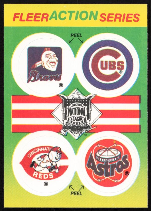 1990 Fleer NL Team Stickers featuring Braves, Cubs, Reds, Astros logos.