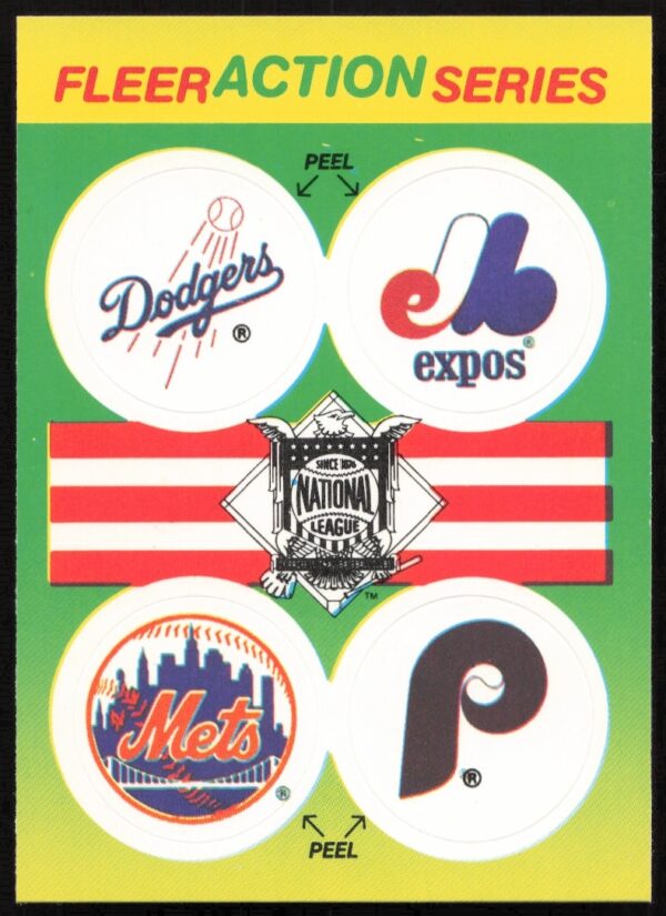 1990 Fleer MLB stickers: Dodgers, Expos, Mets, Phillies logos.