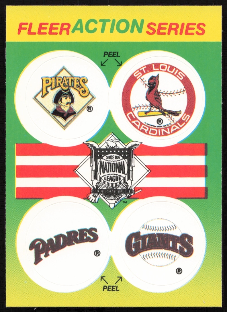 1990 Fleer NL Stickers featuring Pirates, Cardinals, Padres, Giants action highlights.