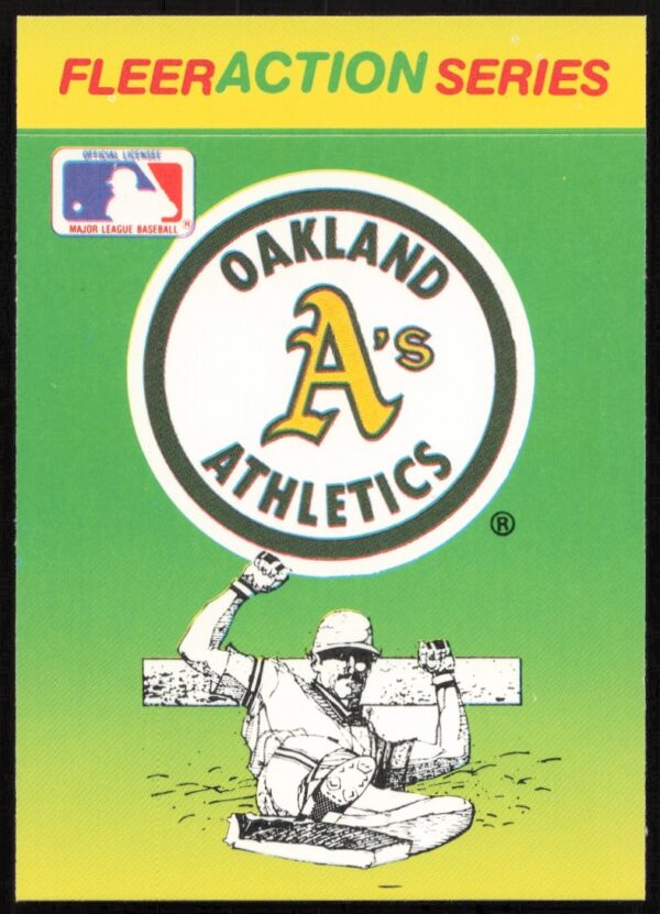 Front of 1990 Fleer Oakland Athletics sticker, featuring team logo on green baseball field background.