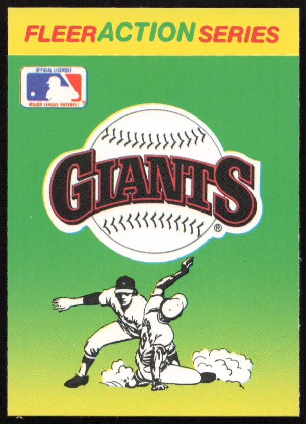 San Francisco Giants 1990 Fleer Sticker, action-packed team logo on baseball-themed background.