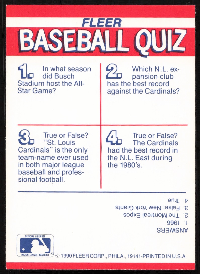 Back of 1990 Fleer St. Louis Cardinals Team Sticker, collectible baseball memorabilia.