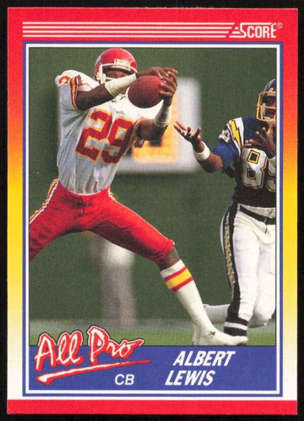 Albert Lewis 1990 Score Football Card #568 in Chiefs Uniform, Action Pose.