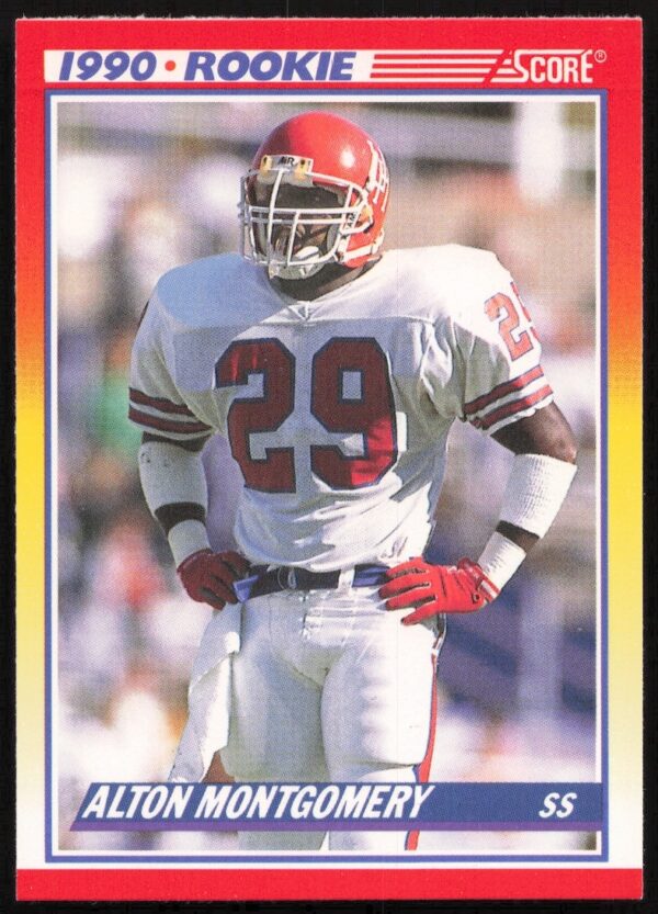 Alton Montgomery 1990 Score Football Card #649 Front, showcasing athletic action in team uniform.