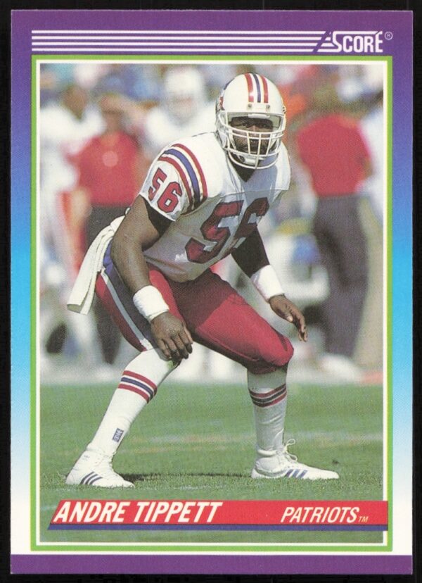 1990 Score Andre Tippett Football Card #458, Patriots Linebacker in Action Pose.