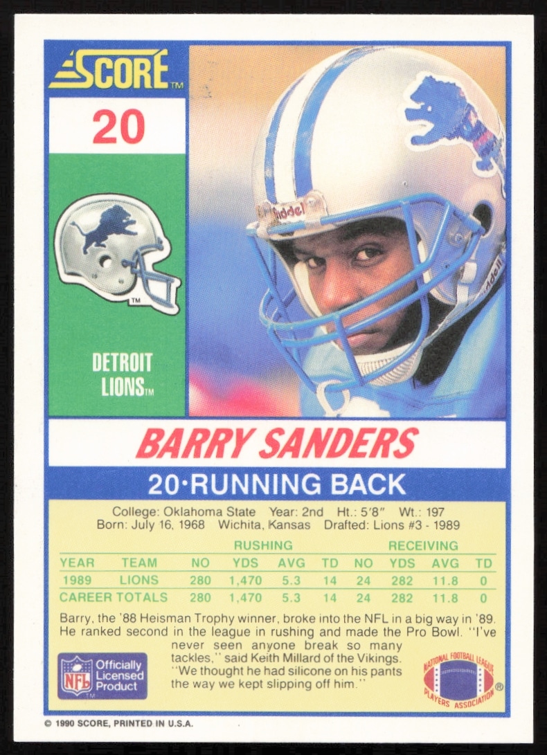 Back of 1990 Score Barry Sanders card #20 with career stats and achievements.