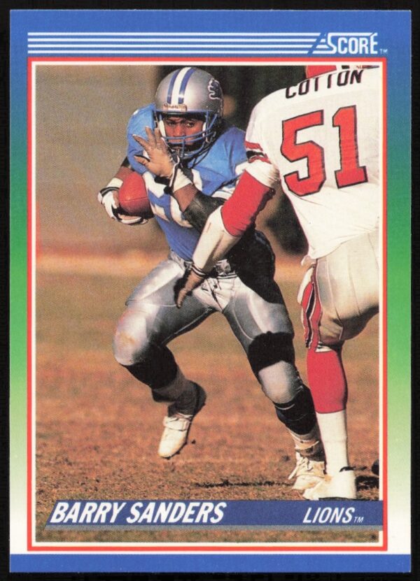 Barry Sanders in action on 1990 Score football card, Detroit Lions jersey #20.