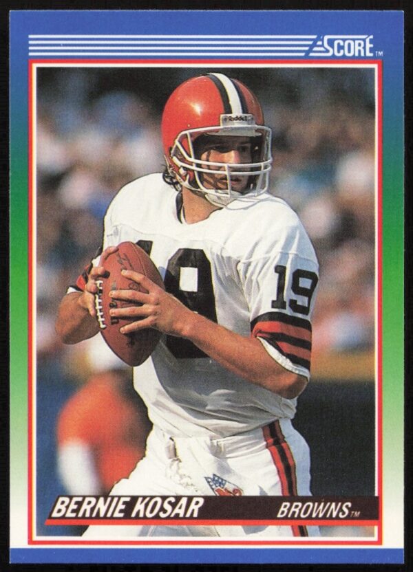 1990 Score football card of Bernie Kosar, Cleveland Browns QB, #60 game action.