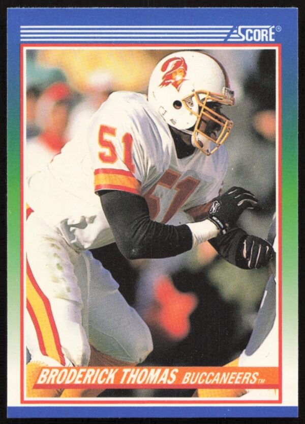 Broderick Thomas 1990 Score Football Card #411, Tampa Bay Buccaneers Game Action Front View.