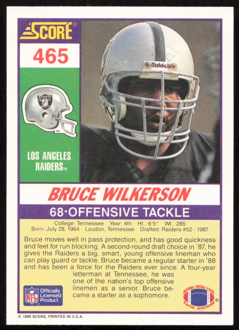 Back of Bruce Wilkersons 1990 Score football card, #465, showcasing stats and career highlights.