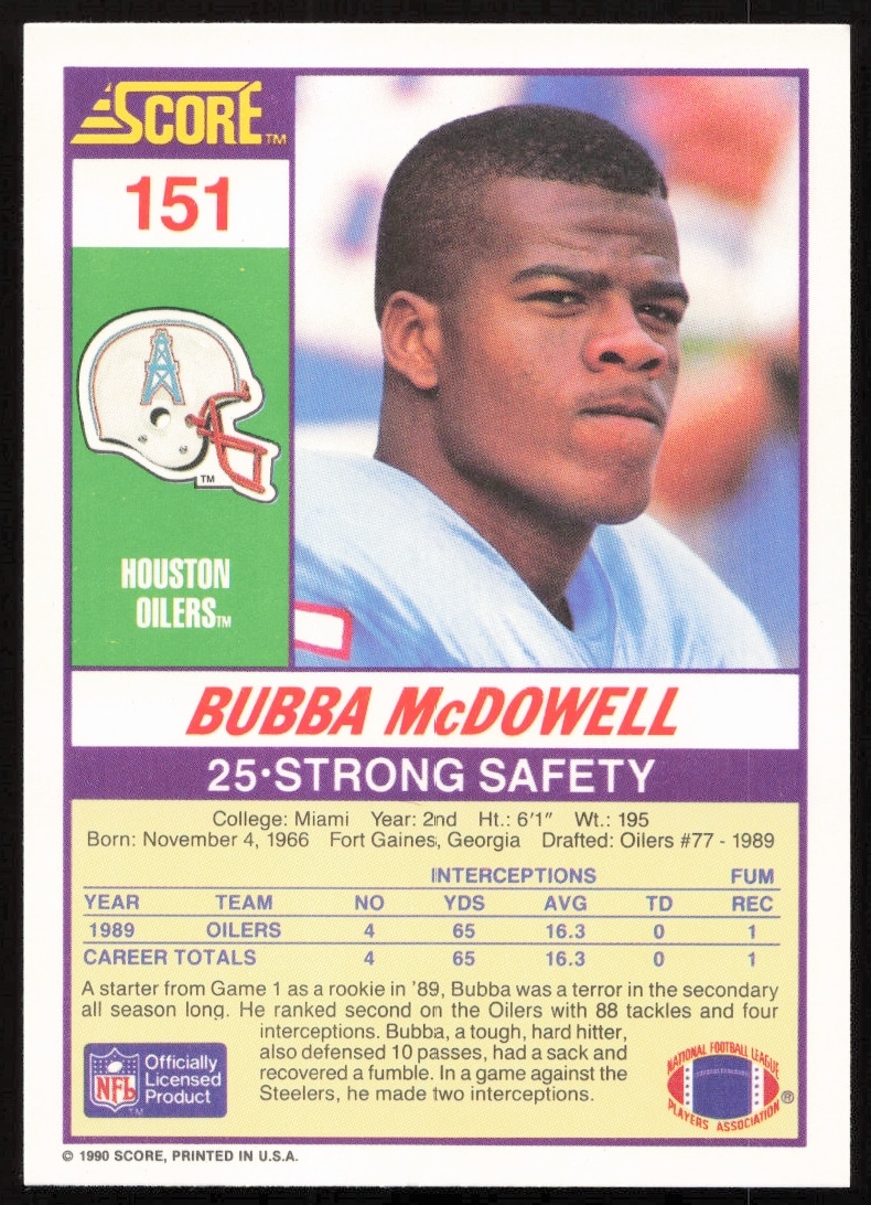 1990 Score Bubba McDowell card back with stats, highlights, and bio in red, white, blue.