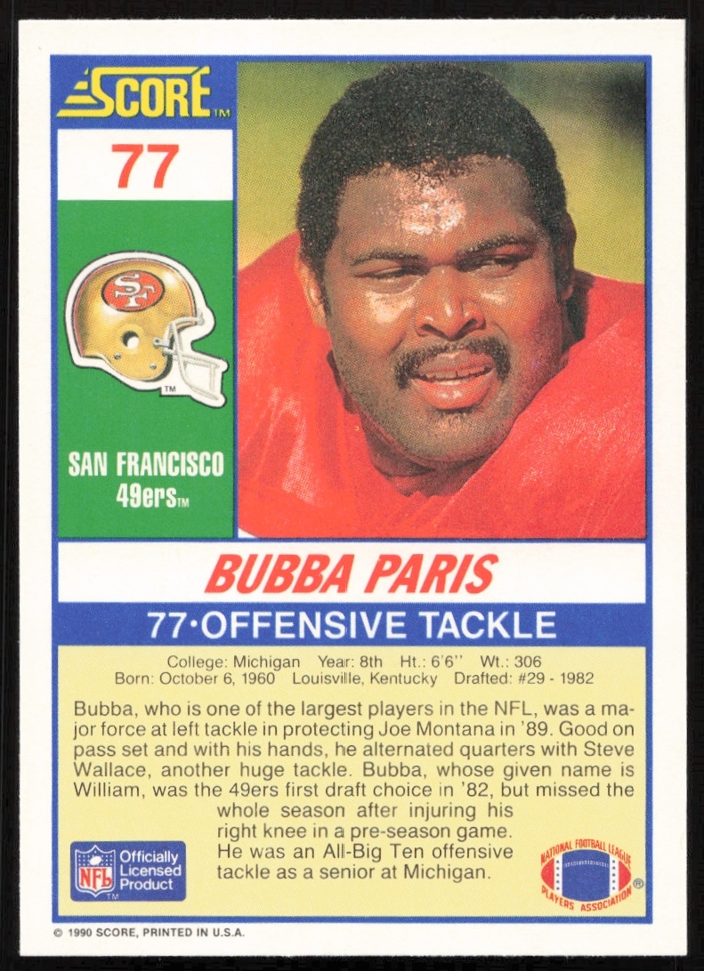 1990 Score Bubba Paris card back: Stats, bio, career highlights with 49ers, Super Bowl wins.