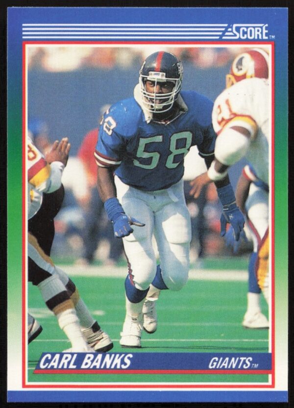 1990 Score Football Card, Carl Banks #91, New York Giants action shot.