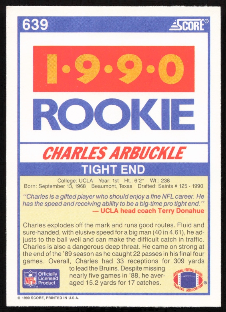 Charles Arbuckle 1990 Score card back with stats and career highlights.