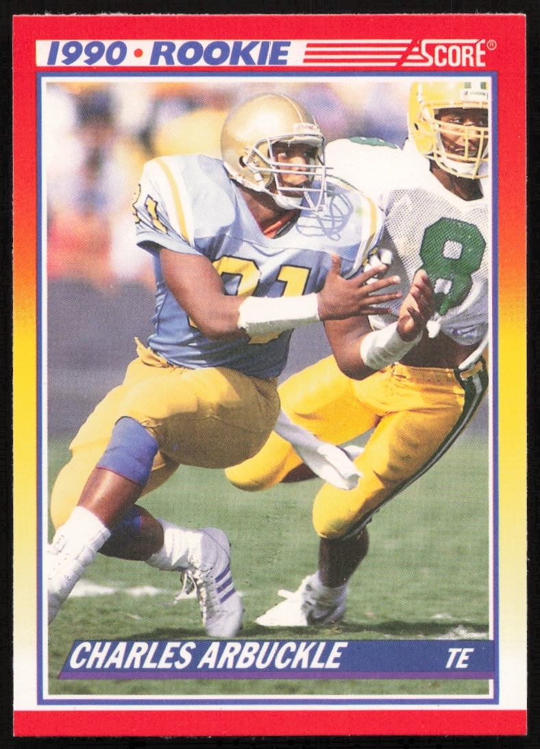 Front of 1990 Score trading card featuring Charles Arbuckle, number 639, highlighting his football career.
