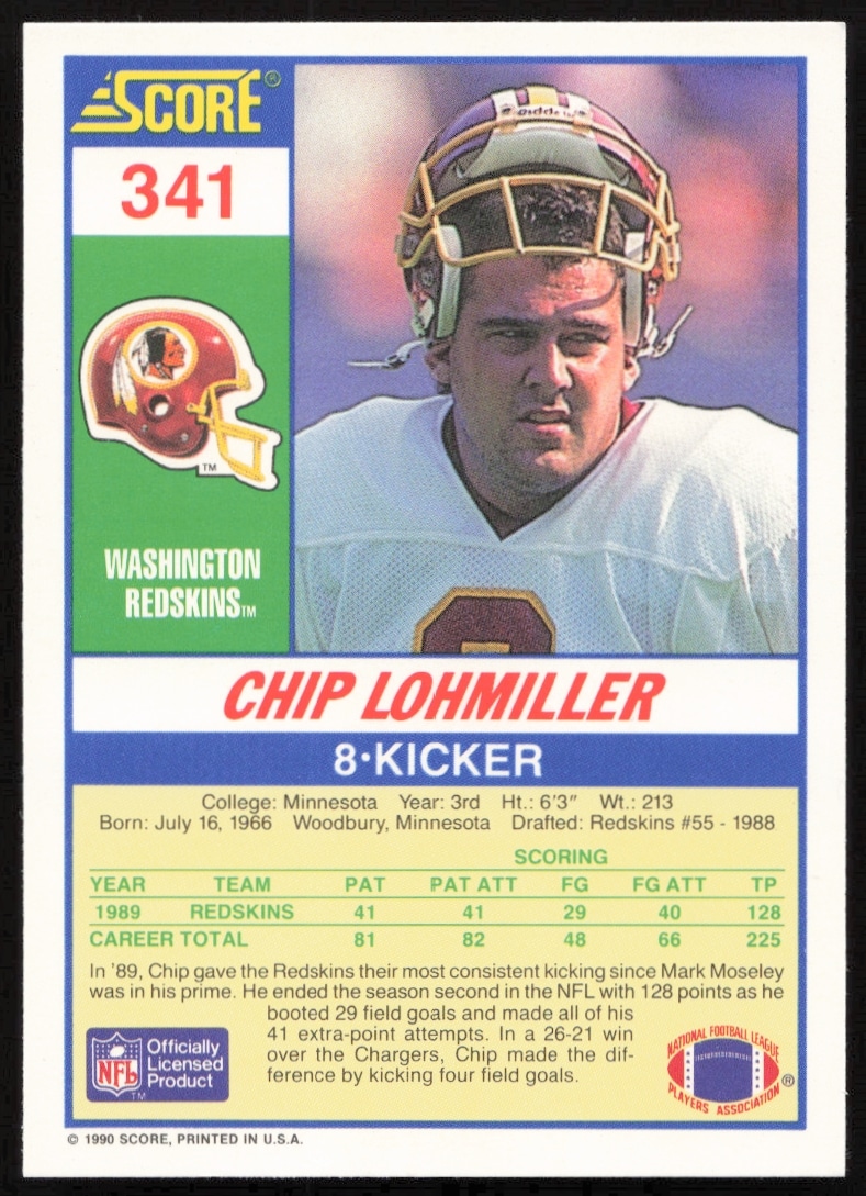 Back of 1990 Score Chip Lohmiller #341 card, showcasing stats and career highlights.
