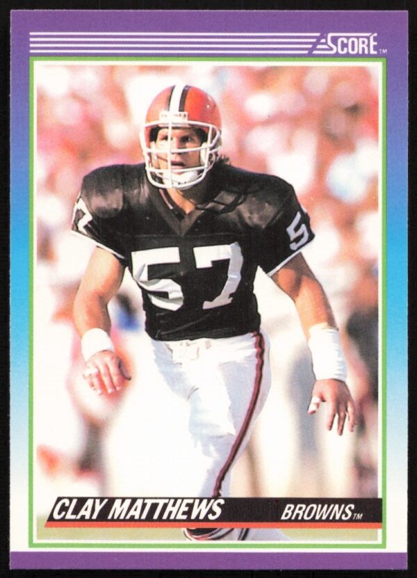 Clay Matthews 1990 Score Card #177, Cleveland Browns linebacker mid-action.