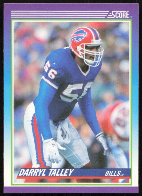Darryl Talley 1990 Score #156 football card front showing Buffalo Bills linebacker in action.