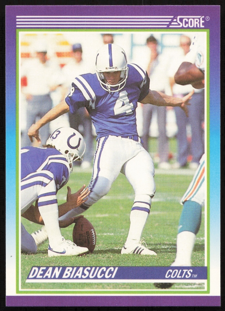 Dean Biasucci 1990 Score card front, #470, Indianapolis Colts uniform, action pose.