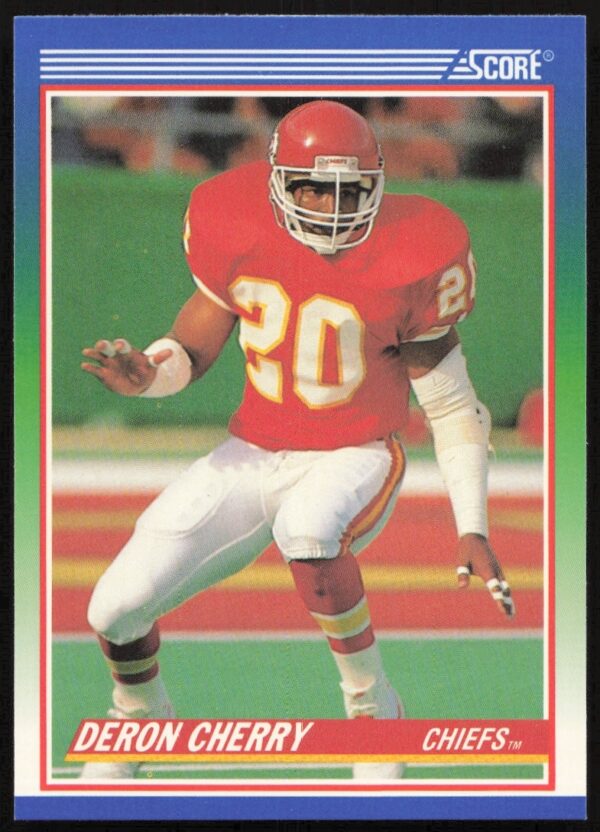 1990 Score Deron Cherry football card, Kansas City Chiefs safety, #440, showcasing action stance.