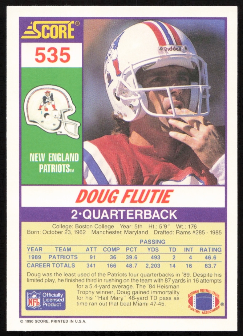 Doug Flutie 1990 Score Card Back with Stats and Highlights.
