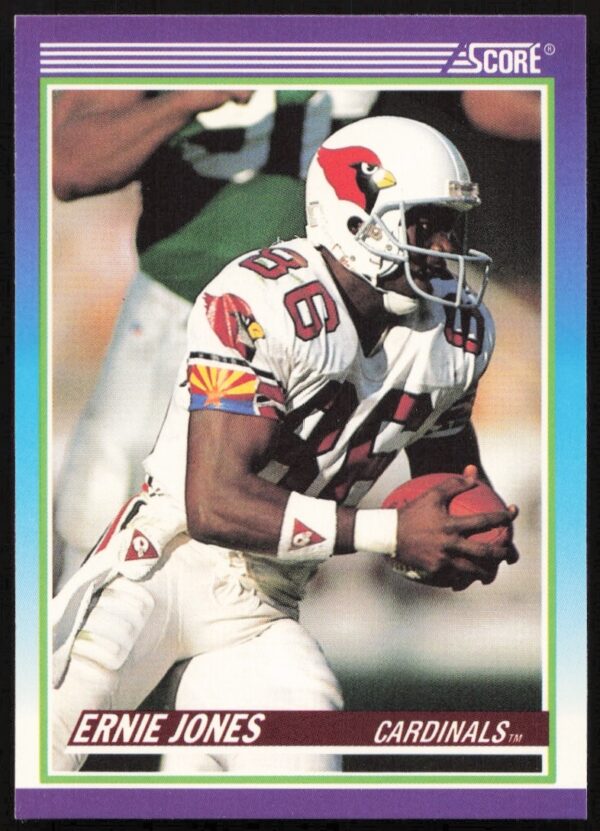 Ernie Jones 1990 Score Football Card #526 featuring dynamic action pose and vibrant field background.