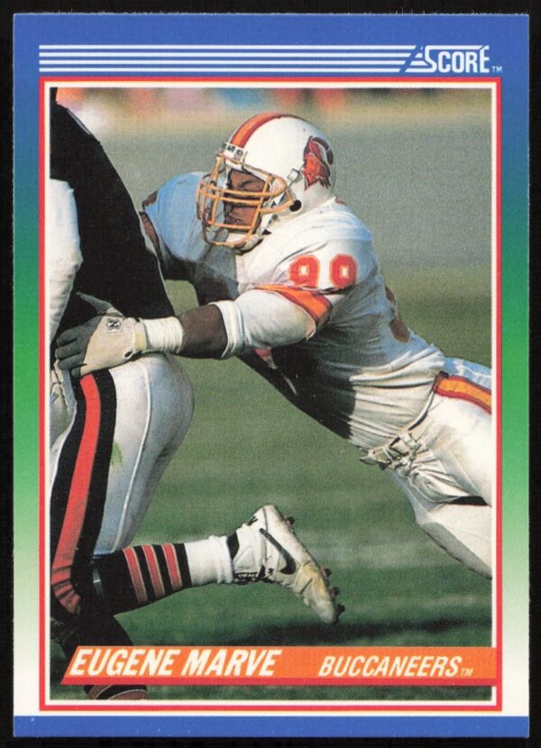 Front view of Eugene Marves 1990 Score football card, player #109 in action.