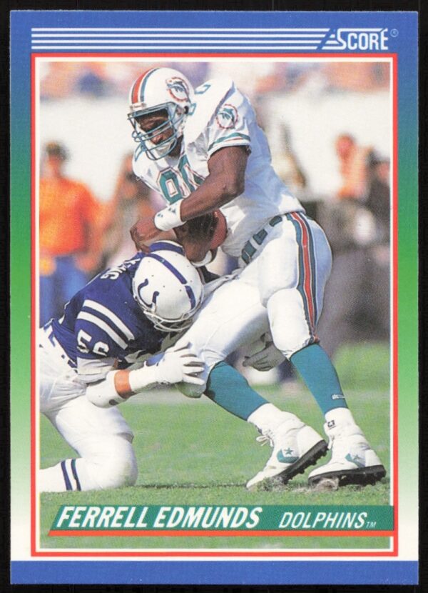 Vintage 1990 Score Ferrell Edmunds football card #349, showcasing Miami Dolphins action.