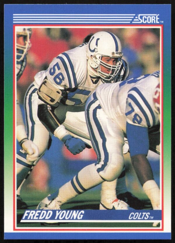 Fredd Young, 1990 Score football card #102, front view in uniform.