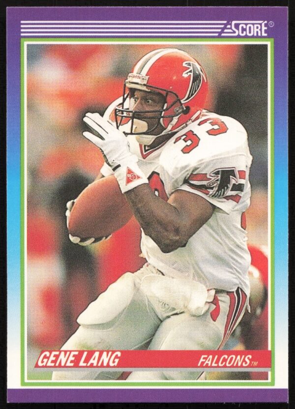 Gene Lang 1990 Score #449 football card in action pose, iconic sports collectible.