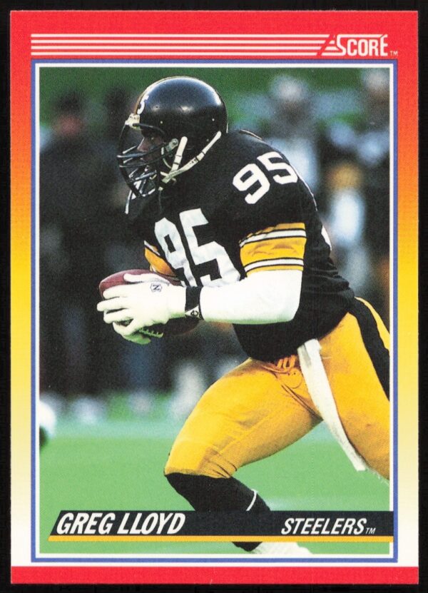 1990 Score Greg Lloyd card #279, Steelers linebacker in action, jersey 95 visible.