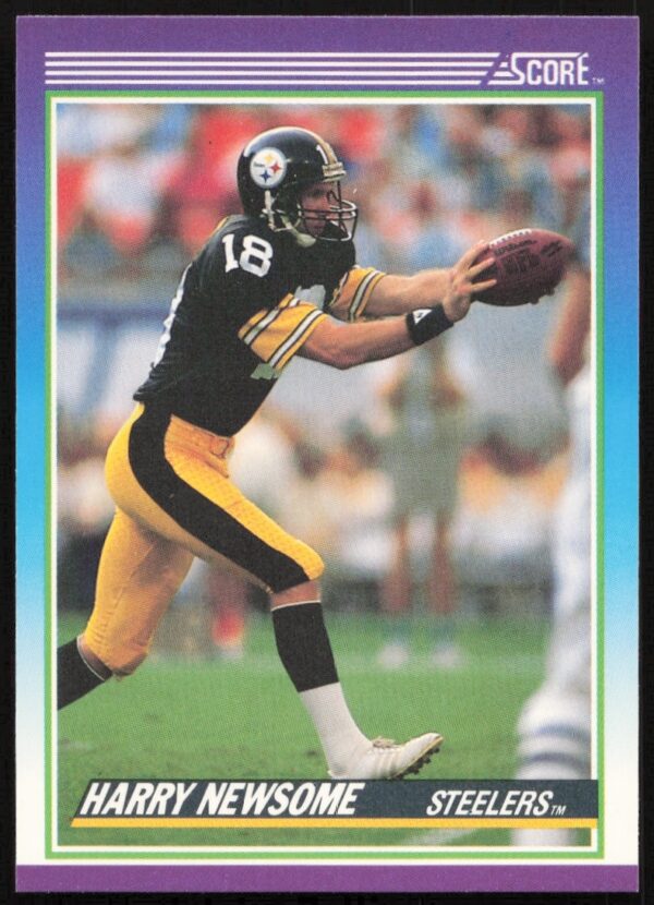 Front of 1990 Score Harry Newsome football card #118, Pittsburgh Steelers in action.