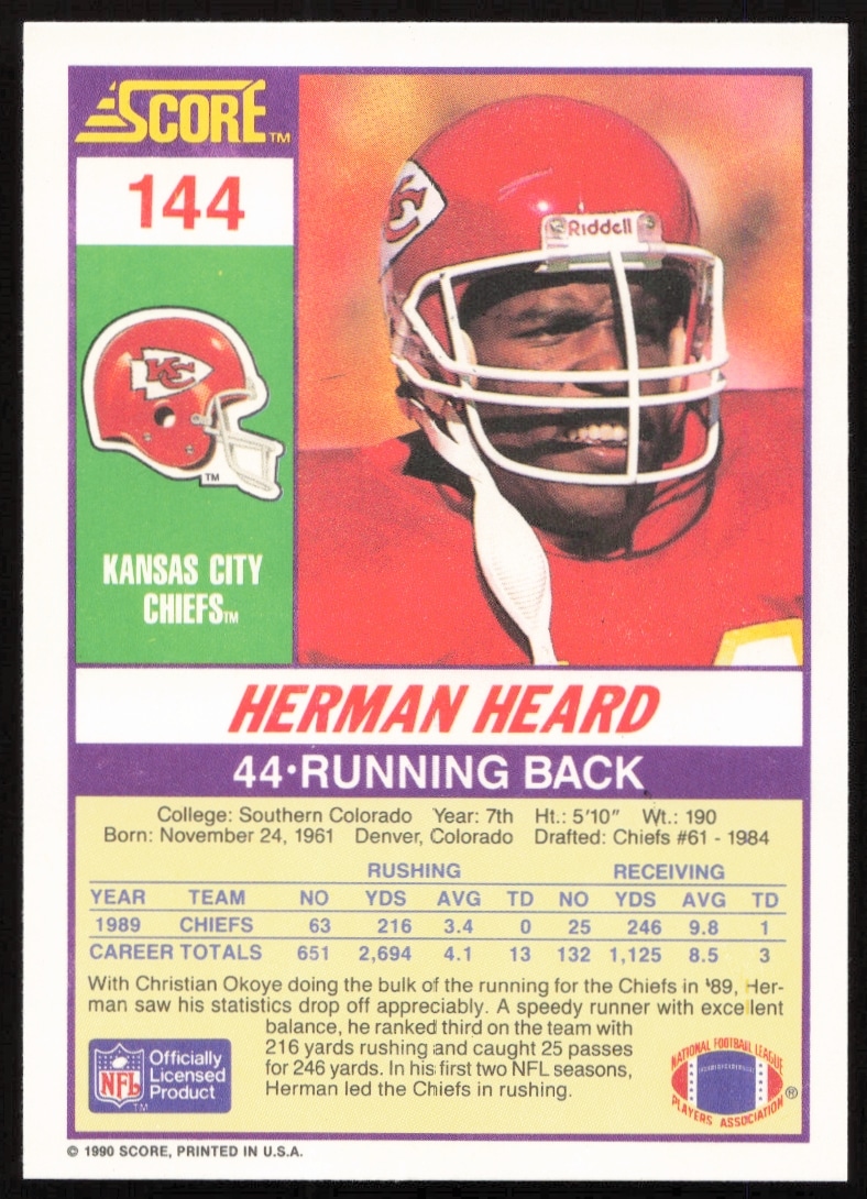 1990 Score Card #144 Herman Heard Back - Biographical Details & Stats
