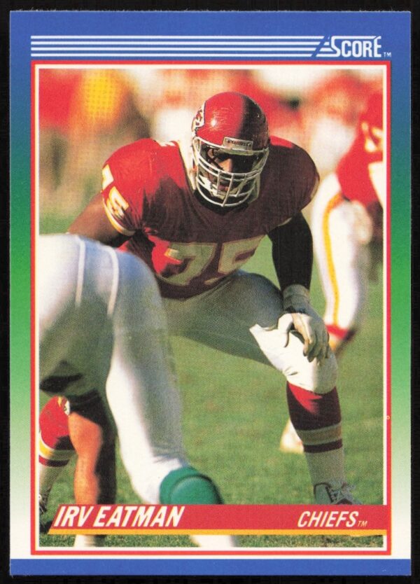 Irv Eatman football card 1990 Score #76 front, offensive tackle in game action.