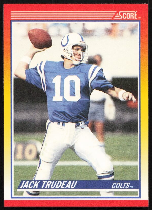 Trading card of Jack Trudeau mid-action, 1990 Score #266, front view.