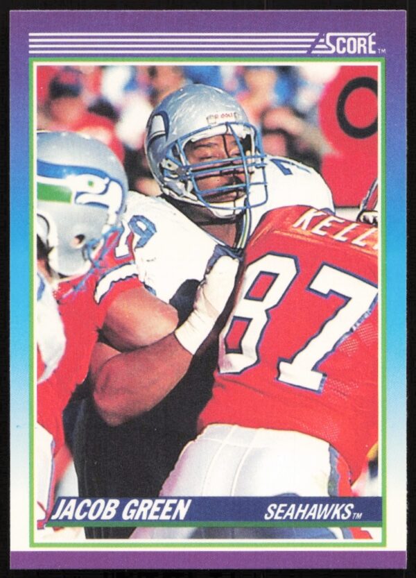 Jacob Green 1990 Score football card #114 showcasing his defensive game action.