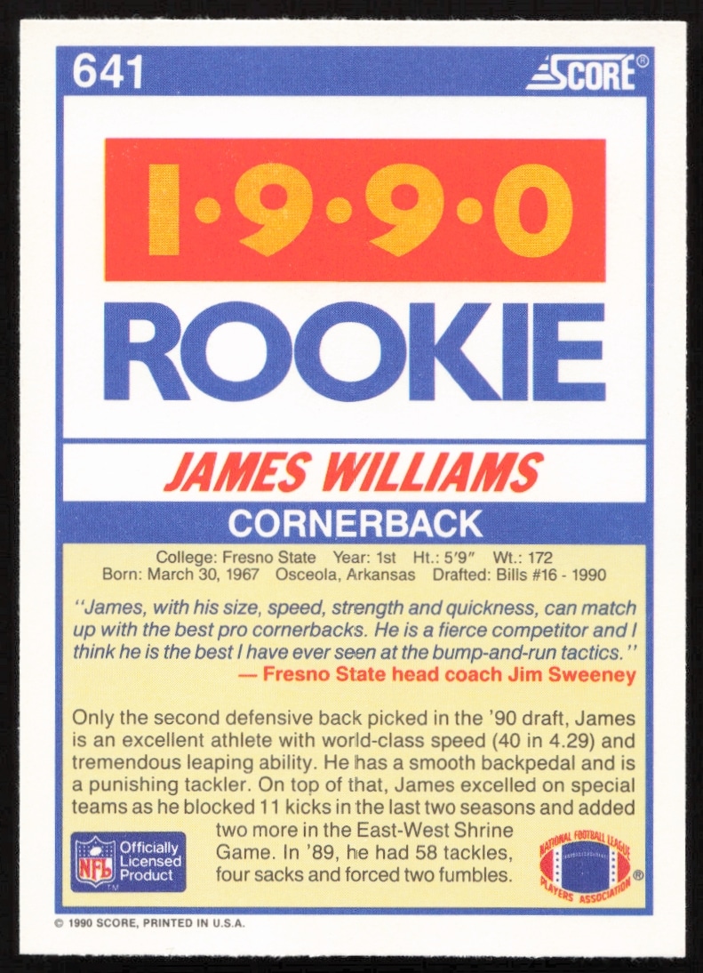 Back of 1990 Score James Williams card #641 with stats and biography.