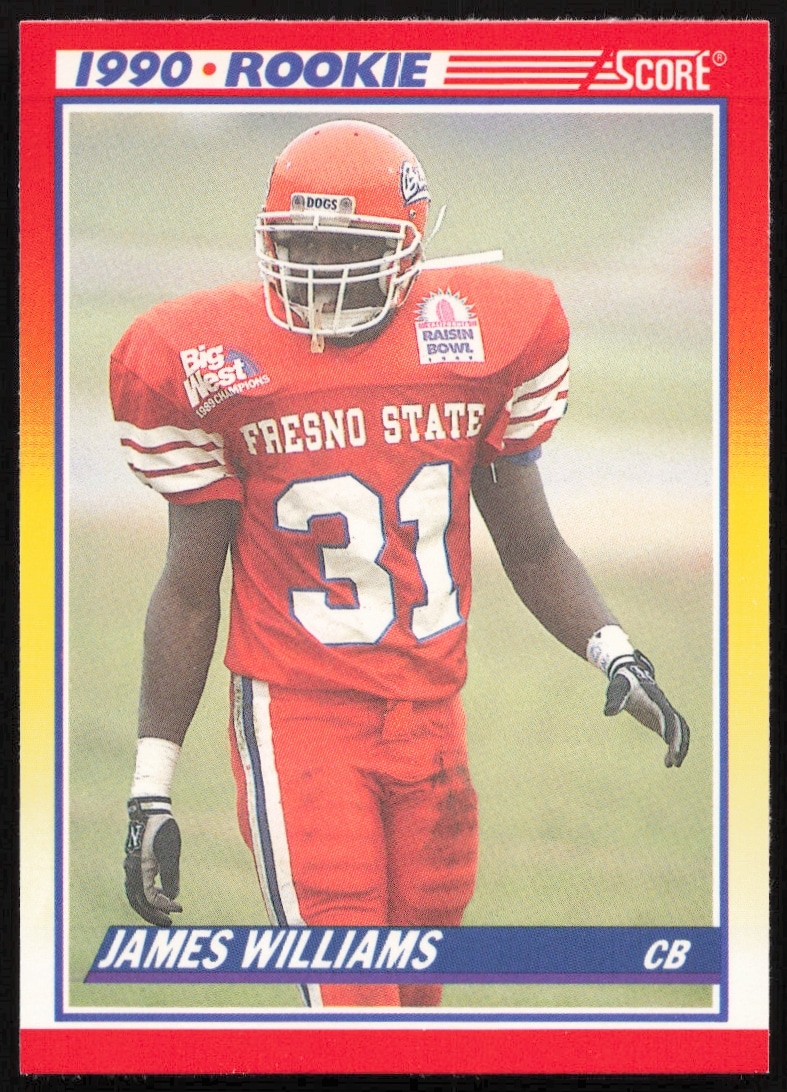 Vintage 1990 Score football card, James Williams #641, action shot on front.