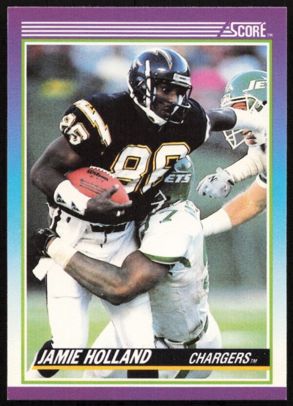 Jamie Holland 1990 Score Football Card #211, showcasing player details and field pose.