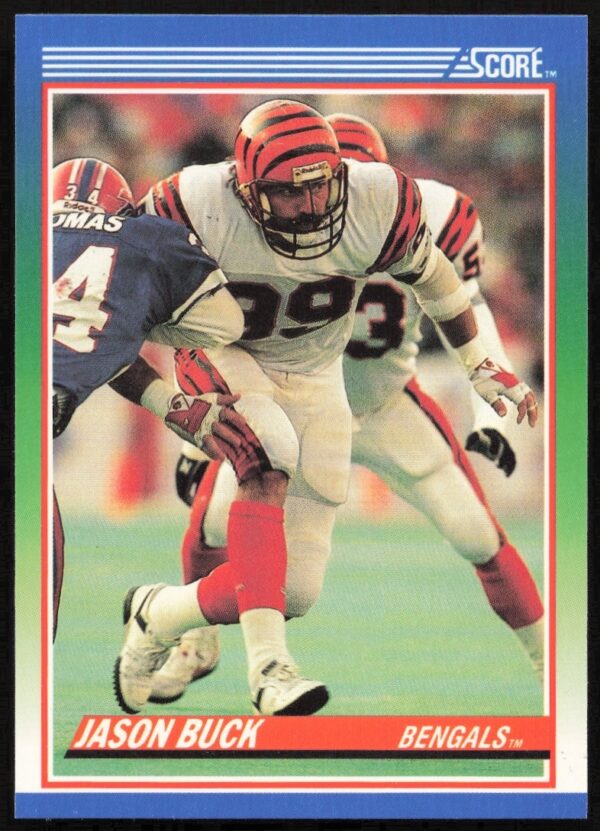 Jason Buck 1990 Score football card #18, dynamic pose, blue jersey #99.