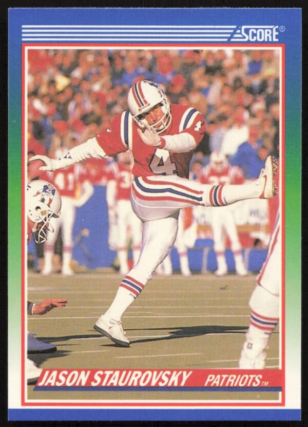 1990 Score Jason Staurovsky football card #414, New England Patriots portrait (front view).